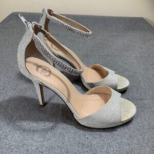 Women Heel Ankle Strap Size 8.5 Silver Sparkle Back Zip Evening Shoes